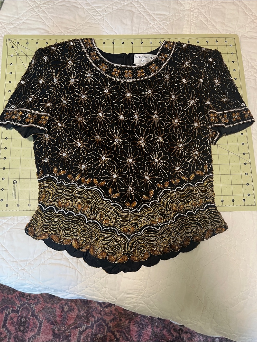 PAPELL Boutique Black Beaded Floral Short Sleeve Top with Gold & Pearl Accents